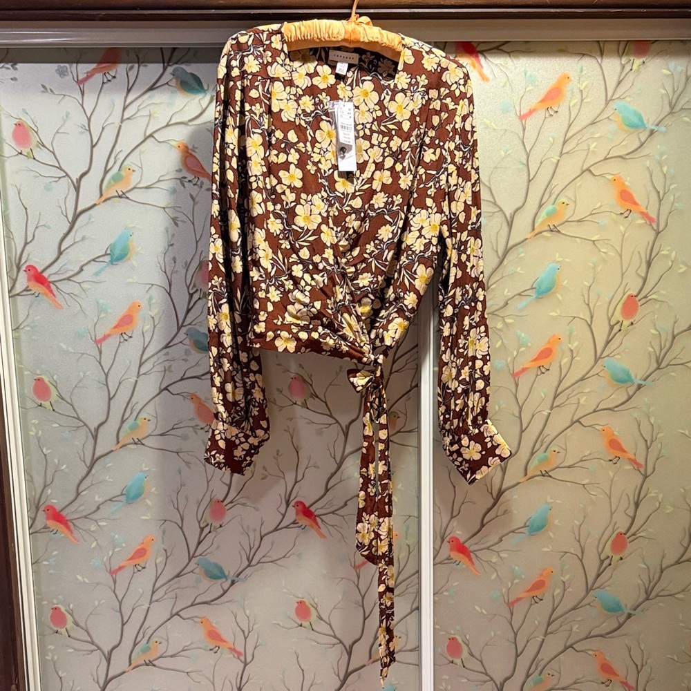 Topshop Floral Brown and Yellow Wrap Blouse - Picture 3 of 6